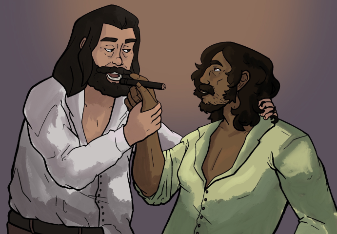 Digital illustration of Larry and Javier sharing a cigar.